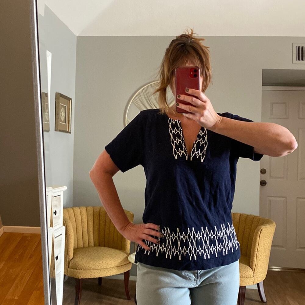 J. Crew Navy Blue Cotton Tee with white embroidery